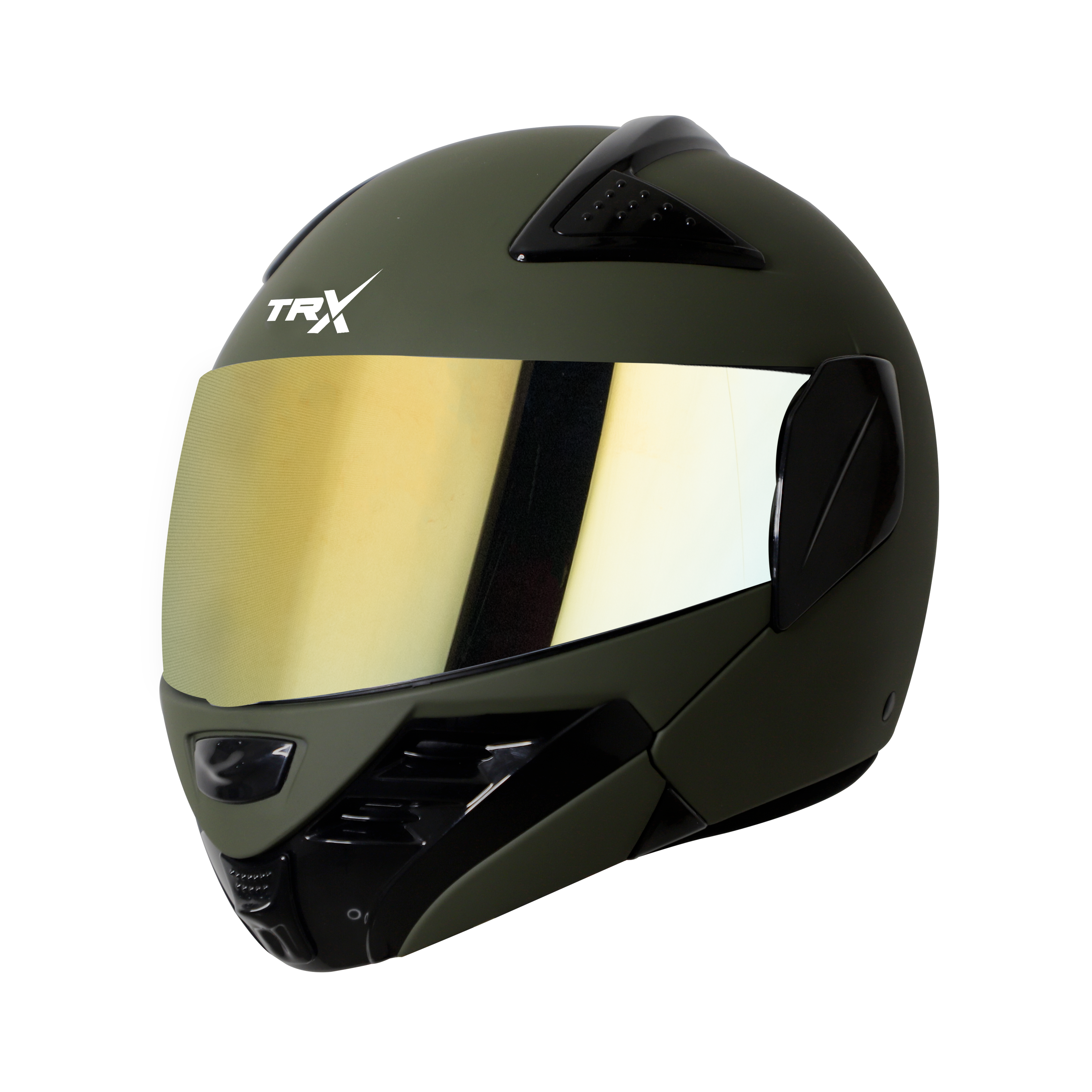 Steelbird SB-34 TRX ISI Certified Flip-Up Helmet For Men And Women (Matt Battle Green With Chrome Gold Visor)